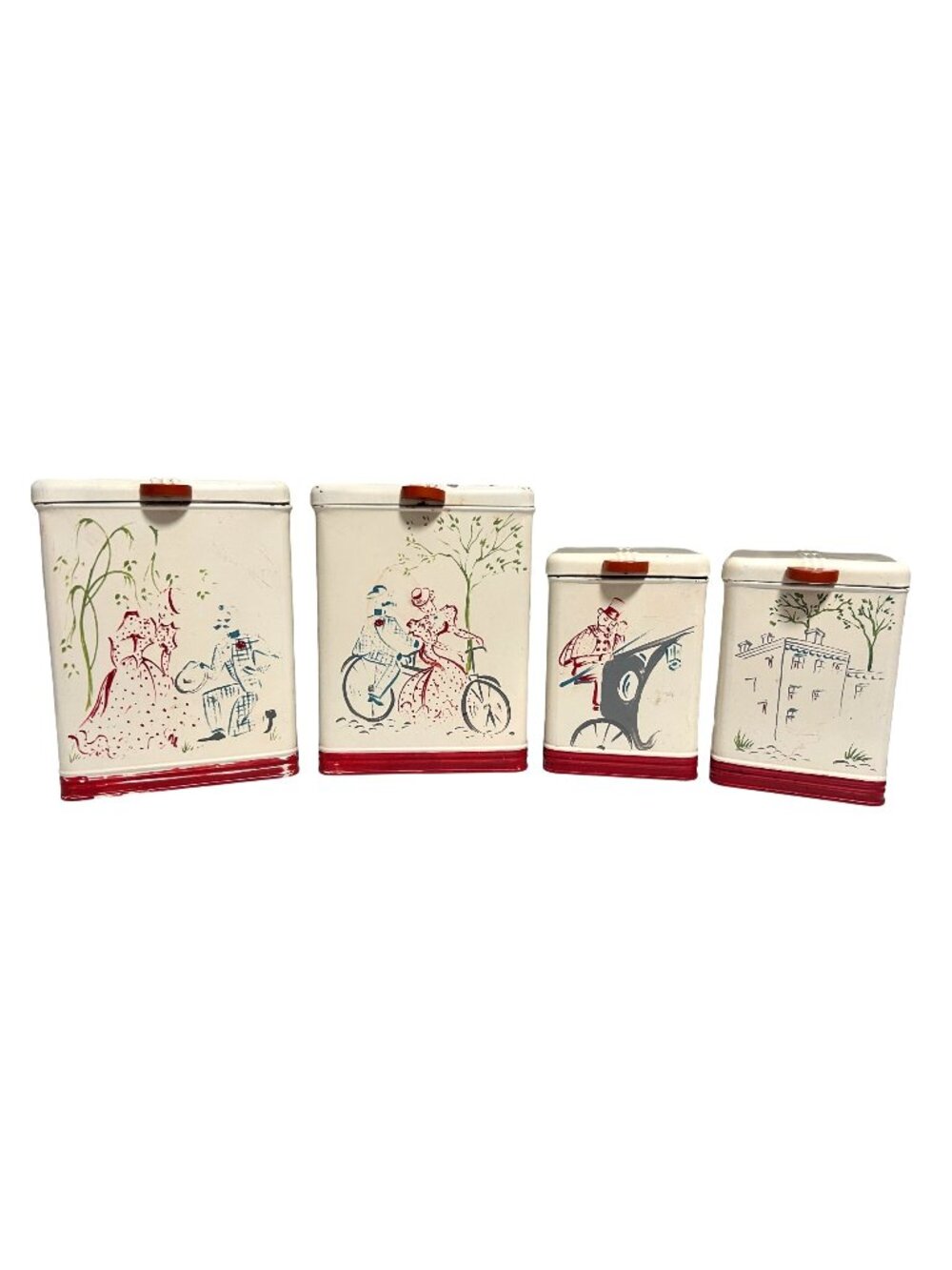 Vintage Cream & Red Metal Canister Set Hand-Painted Victorian Scenes By Kreamer